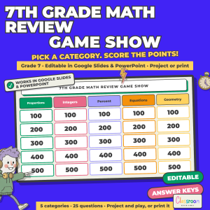 7th Grade Math Review Game Show, Whole Class Math Game, Google Slides and PowerPoint