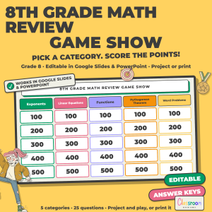 8th Grade Math Review Game Show, Whole Class Math Game, Google Slides and PowerPoint