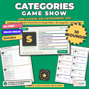 Categories Game for Students, Whole Class Game Show, Editable PowerPoint and Google Slides