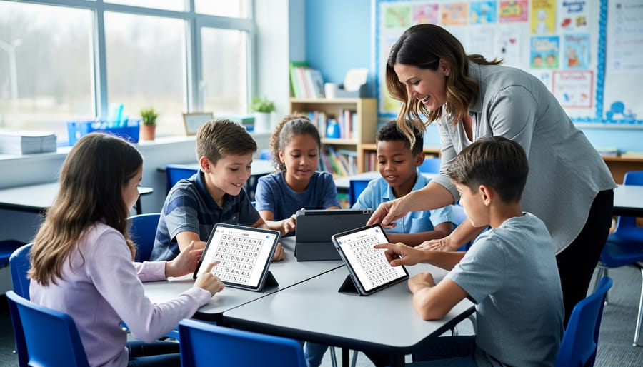 Teacher and students collaborating around classroom tablets and laptops while doing an online word search.