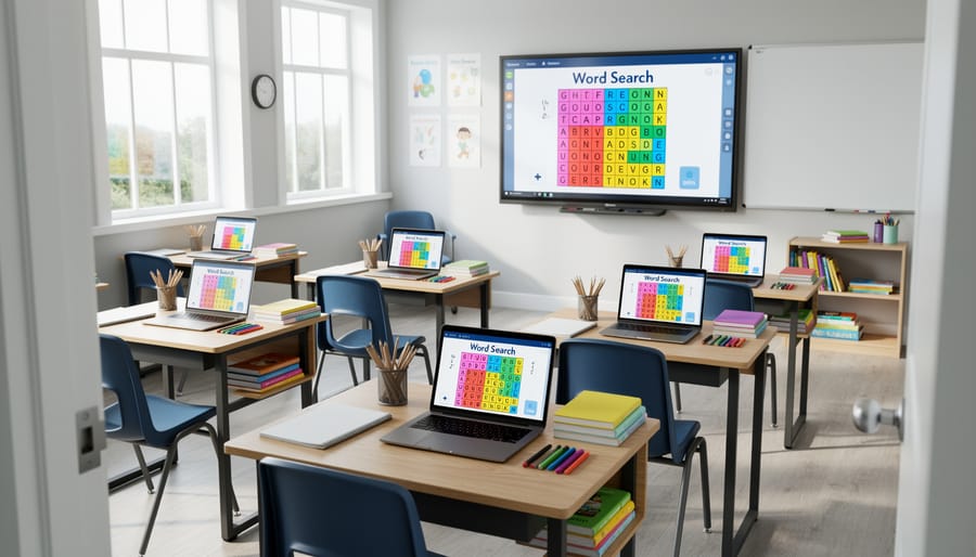 Tablets and Chromebooks on a classroom cart near a magnet board setup for online activities
