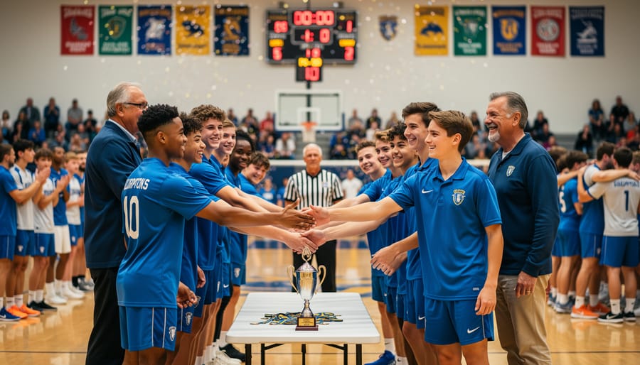 Students and a teacher celebrating with high-fives and a prize in a classroom after a tournament