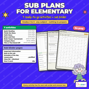 Elementary Sub Plans, Emergency Substitute Binder, 7 No Prep Activities