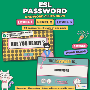 ESL Password Game, Levels 1 2 and 3, Speaking and Vocabulary for English Learners, Google Slides and PowerPoint