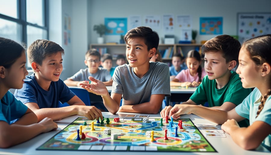 Diverse students playing a tabletop educational game in a classroom, practicing communication and collaboration while interacting with game pieces.