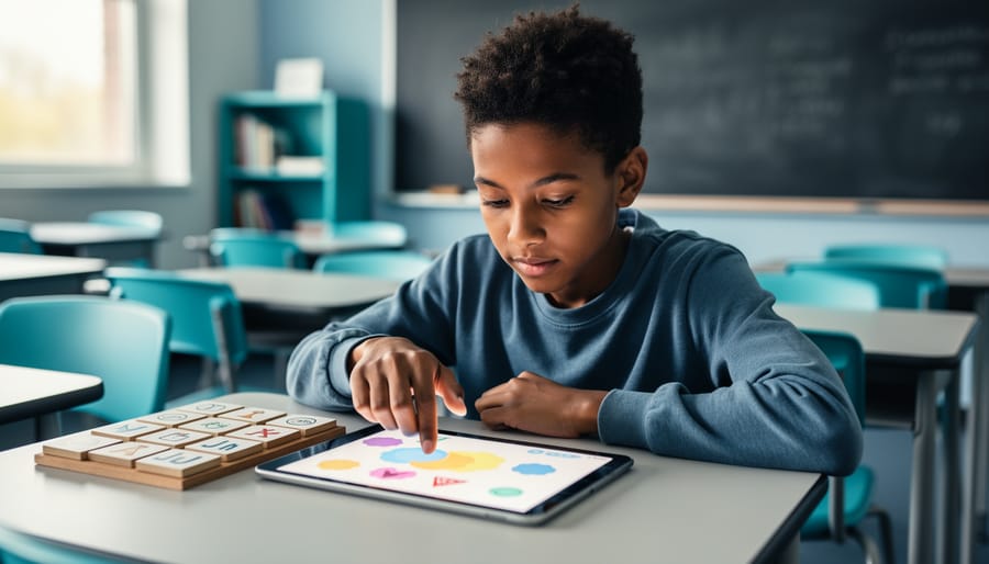 Student using an educational game on a tablet in a bright classroom, symbolizing active recall and longer-lasting learning.