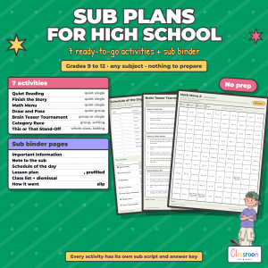High School Sub Plans, Emergency Substitute Binder, 7 No Prep Activities