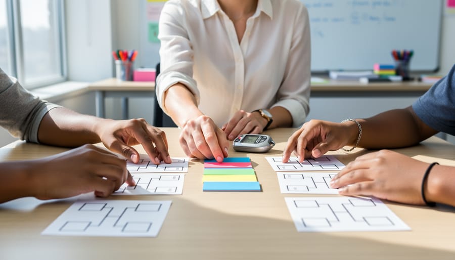 “Teacher arranging colorful tournament bracket cards and timing materials on a classroom desk while students’ hands gather, ready to begin a 4-team tournament.”