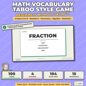 Math Vocabulary Review Game, Taboo Style Card Game, Grades 6-9