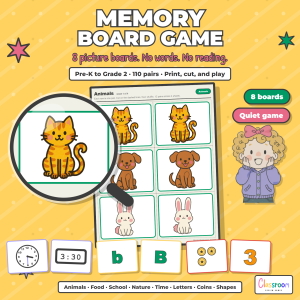 Memory Board Game, Printable Matching Pairs Kit, 8 Picture Boards, Preschool to Grade 2