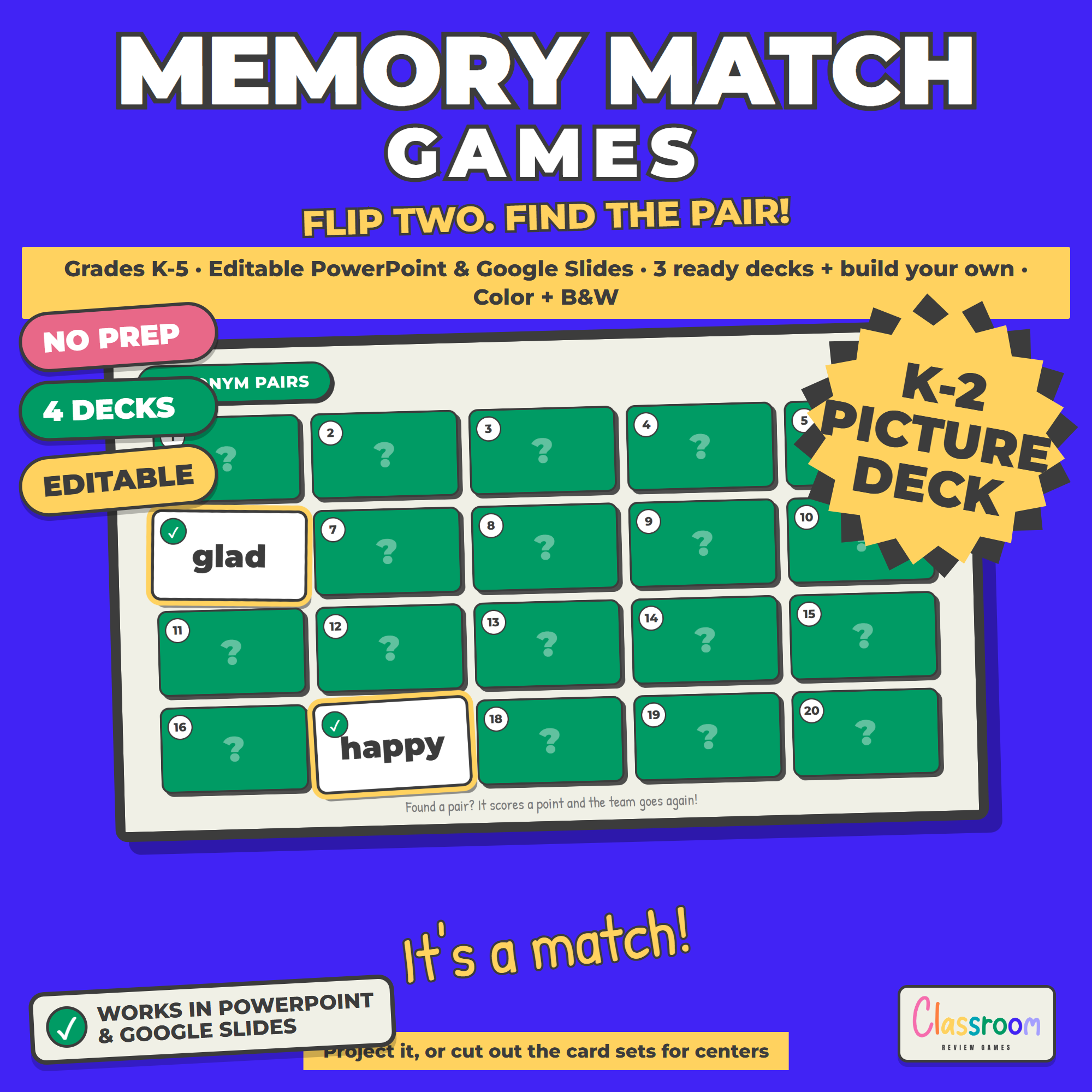 Memory Match Games, Vocabulary Matching Card Game, Editable PowerPoint Template and Google Slides