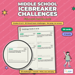 Middle School Icebreaker Games, 30 Timed Team Challenges, First Day Activity