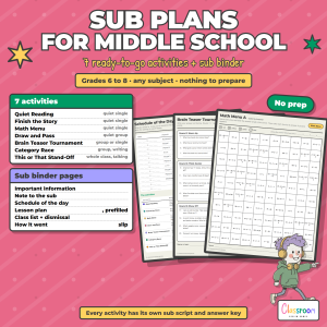 Middle School Sub Plans, Emergency Substitute Binder, 7 No Prep Activities