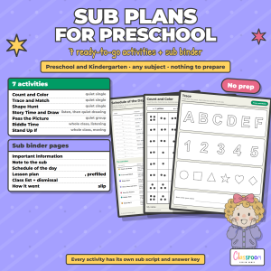 Preschool Sub Plans, Emergency Substitute Binder, 7 No Prep Activities