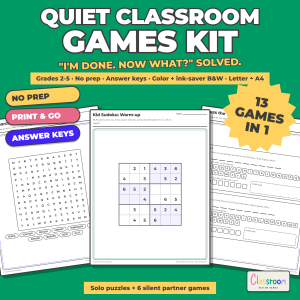 Quiet Classroom Games Kit, 13 Games in 1, Early Finisher Activities, No Prep Printable Puzzles