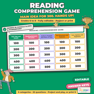 Reading Comprehension Game Middle School, Whole Class ELA Review, Google Slides and PowerPoint