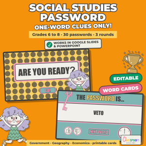 Social Studies Vocabulary Password Game, Civics Geography and Economics Review, Google Slides and PowerPoint