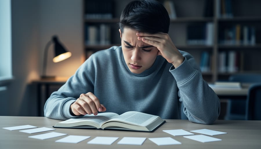 Student at a desk with open textbook and blank flashcards, looking frustrated with a hand on their temple as if unable to remember for an exam.