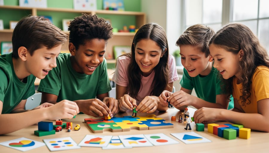 Students collaborating on a hands-on, game-like learning activity at a table in a bright classroom.