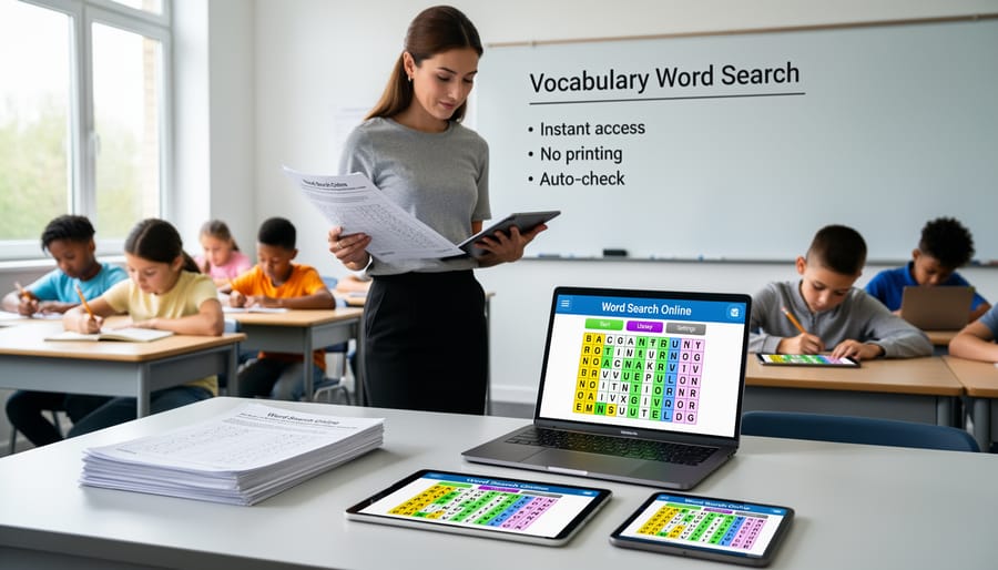 Teacher’s desk with blank worksheets next to multiple devices used for interactive word searches