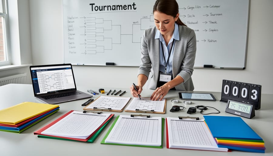 Teacher arranging tournament materials, including a bracket sheet, stopwatch, and papers on a classroom table