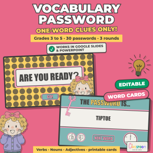Vocabulary Password Game, Nouns Verbs and Adjectives for Grades 3-5, Google Slides and PowerPoint