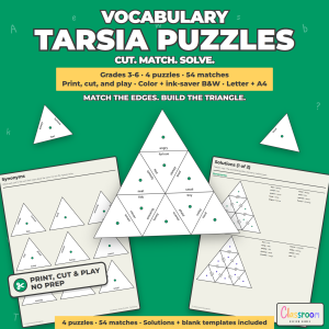 Vocabulary Tarsia Puzzles, Cut and Match Vocabulary Review Activity, Print and Play