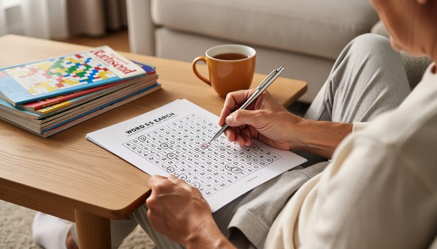 Adult solving a printed word search puzzle at a café table with a pen