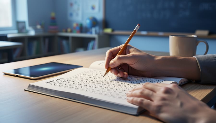 Adult hands using a pencil to work on an open word search puzzle book on a wooden desk, with a tablet and study materials nearby.