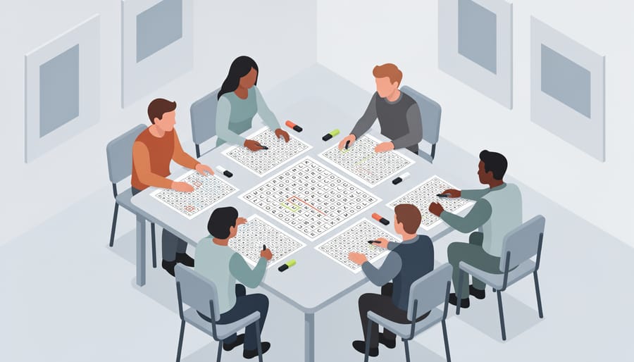Group of adults collaborating on printed word search puzzles in a workshop room