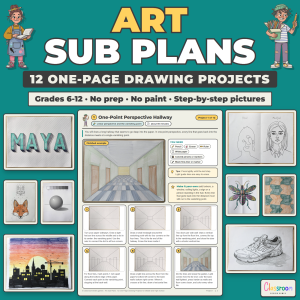 Art Sub Plans for Middle and High School, 12 One-Page Drawing Projects, No Prep Art Lessons for a Sub Tub and Early Finishers