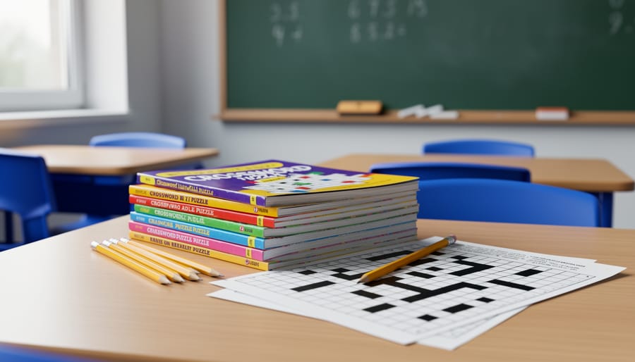 “Stack of crossword puzzle booklets with pencils on a classroom desk, ready for student vocabulary practice.”
