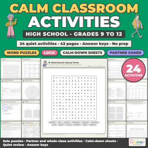 Calm Classroom Games and Activities Kit for High School, 20 Quiet Games + 4 Review Activities, Sub Days and Early Finishers