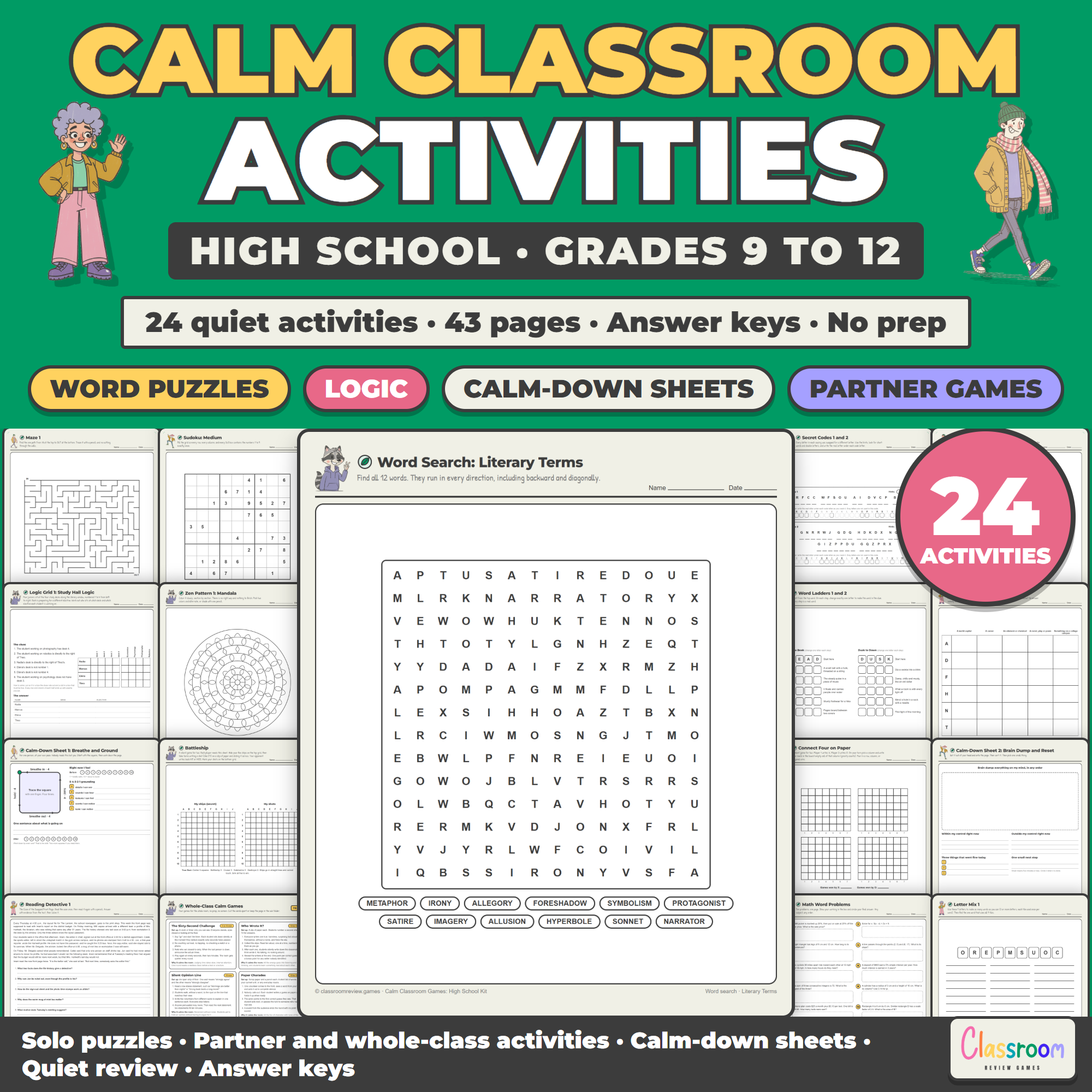 Calm Classroom Games and Activities Kit for High School, 20 Quiet Games + 4 Review Activities, Sub Days and Early Finishers