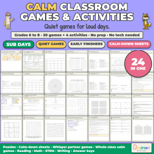 Calm Classroom Games and Activities Kit for Middle School, 20 Quiet Games + 4 Review Activities, Sub Days and Early Finishers