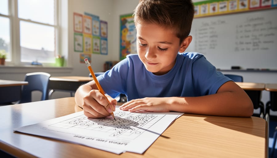 Close-up of a student’s hands holding a printed crossword puzzle worksheet with a pencil at a desk in a classroom