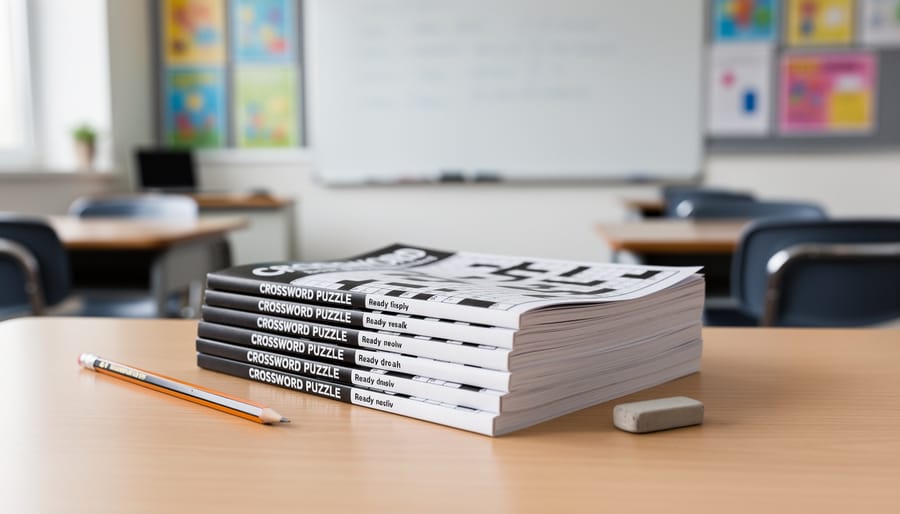 Stack of crossword puzzle booklets with pencils on a classroom desk