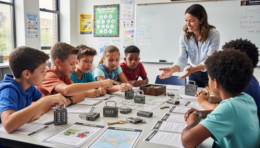 Teacher and students collaborating with escape-room style clue envelopes and lock boxes on a classroom desk