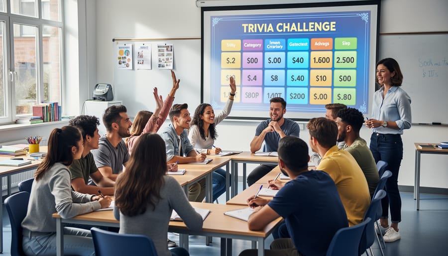 Students collaborating in a classroom trivia game with a laptop and notebooks.