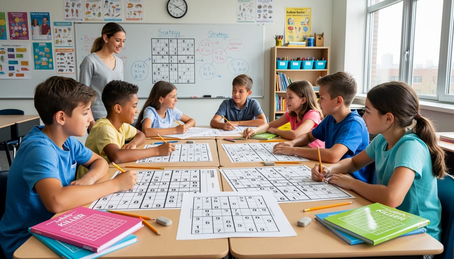 Printed Sudoku Killer puzzle sheet on a classroom desk with a pencil and sticky notes