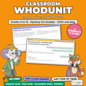 Classroom Whodunit Mystery Ice Breaker, Detective Team Building Game for Grades 6 to 12