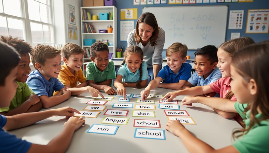 Students collaborating at a classroom table with colorful word cards during a word game activity
