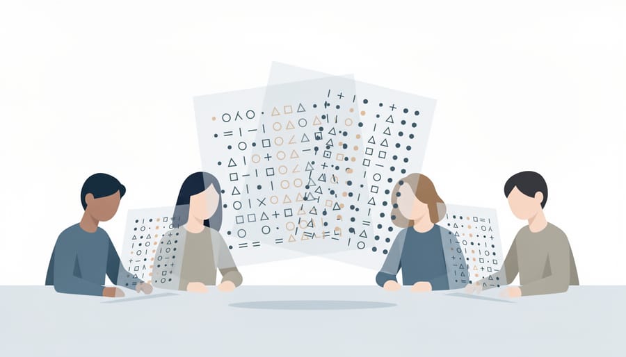 Transparent symbol overlays aligned on a desk to represent code-breaking logic
