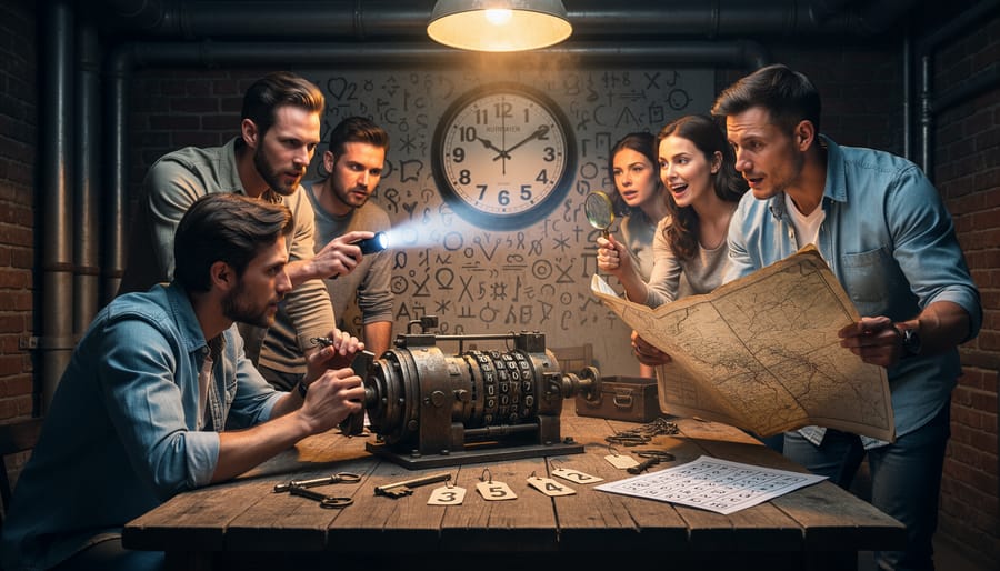 Close-up of combination locks and a stopwatch on a dark tabletop representing puzzle-based escape challenges
