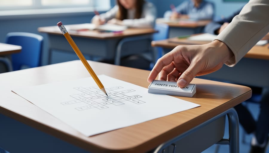 Teacher’s hand placing hint cards next to a partially completed crossword puzzle on a classroom desk, with a pencil ready to help students continue solving.