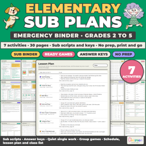 Elementary Sub Plans, Emergency Substitute Binder, 7 No Prep Activities