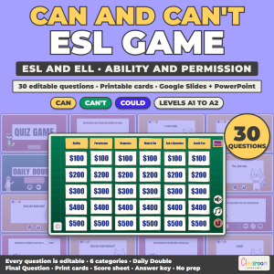 ESL Can and Can't Game, Ability and Permission Quiz Game for ESL and ELL, Google Slides and PowerPoint