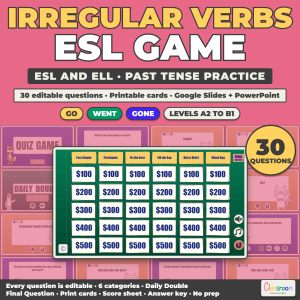 ESL Irregular Verbs Game, Past Tense and Past Participles Quiz Game for ESL and ELL, Google Slides and PowerPoint