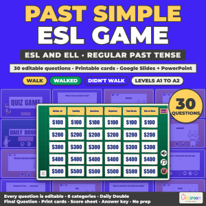 ESL Past Simple Game, Regular Past Tense Quiz Game for ESL and ELL, Google Slides and PowerPoint