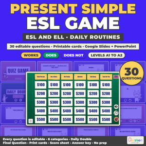 ESL Present Simple Game, Daily Routines Quiz Game for ESL and ELL, Google Slides and PowerPoint